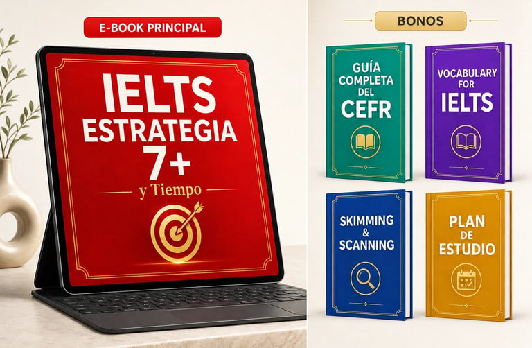 La guía principal junto a los 4 bonos: CEFR, Vocabulary for IELTS, Skimming & Scanning y Plan de Estudio