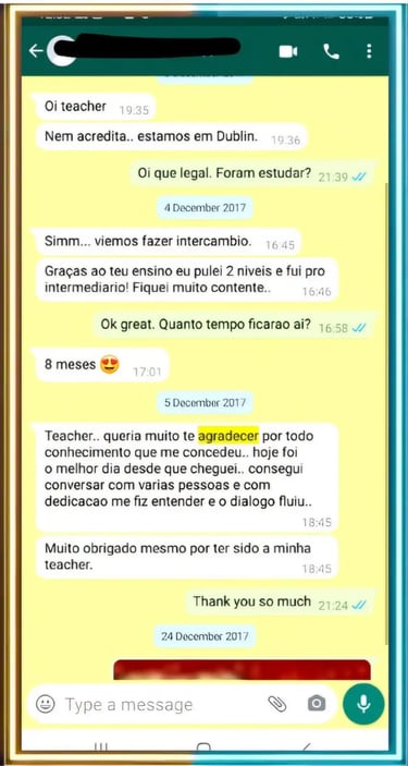 Captura de un mensaje de agradecimiento de un alumno de Teacher Sandra
